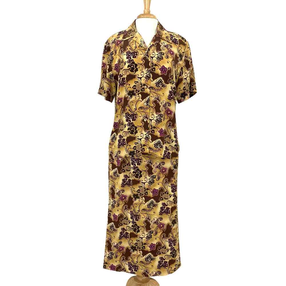 Vintage Silks by Joan Leslie Skirt Set Womens 10/12 Silk Floral Button Up Top